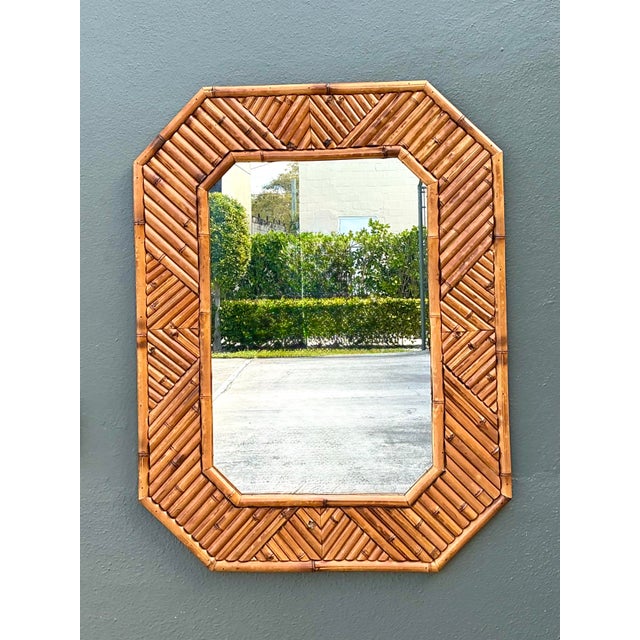 Wood Vintage Chevron Rattan Mirror For Sale - Image 7 of 12