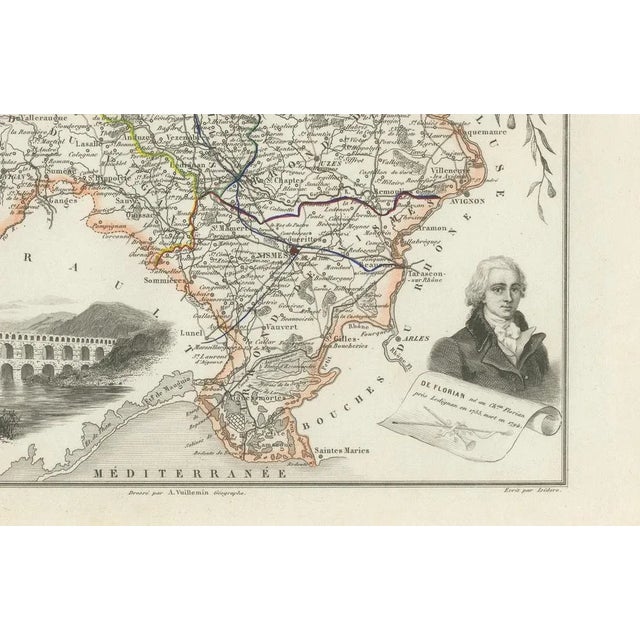 Title: map of gard france with pont du gard and wine regions by vuillemin, 19th c : this finely engraved 19th-century map...