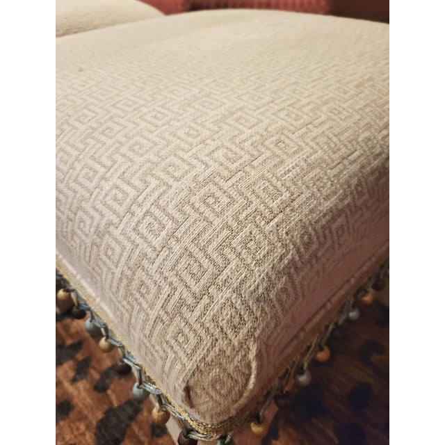 Textile Vintage Greek Key Upholstered Square Billy Baldwin Style Ottoman Benches With Blue Brown Ball Trim- a Pair For Sale - Image 7 of 11