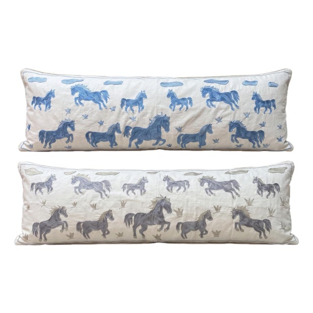 White Horse Suzani Lumbar Pillow Cover 18'' X 55'' - Set of Two For Sale