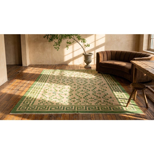 Textile 1940s Ivory Green Greek Key Antique Indian Dhurrie Rug 7' 3" X 10' 0" Knotted Wool Carpet For Sale - Image 7 of 9