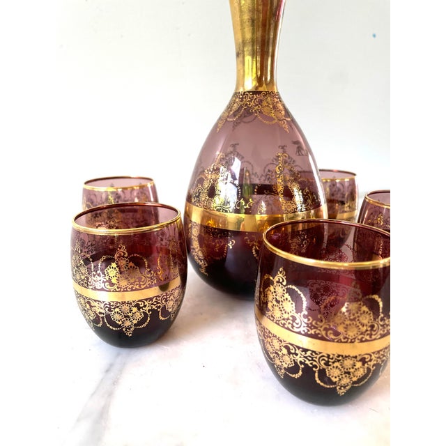 Amethyst Murano Glass Decanter and Wine Glasses With 22k Gold Trim