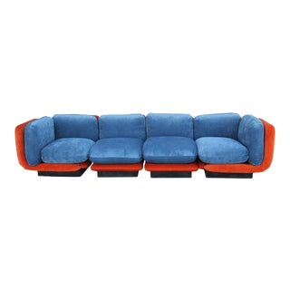 1980s Vintage Orange and Blue Mohair Sectional For Sale