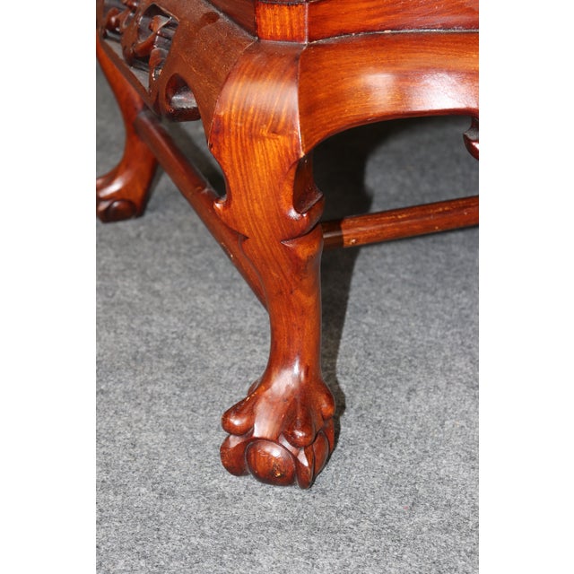 Brown Pair Vintage Chinese Carved Mahogany and Marble Back Arm Chairs For Sale - Image 8 of 16