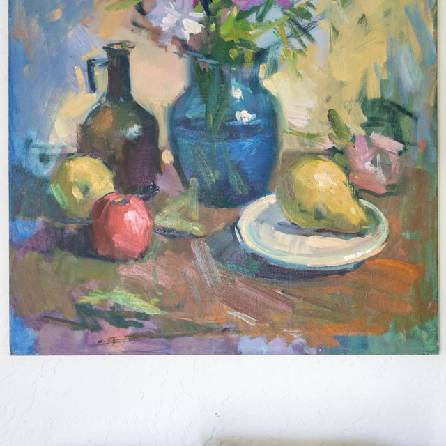 Blue Colorful Fruit and Floral Impressionist Still Life Oil Painting For Sale - Image 8 of 10