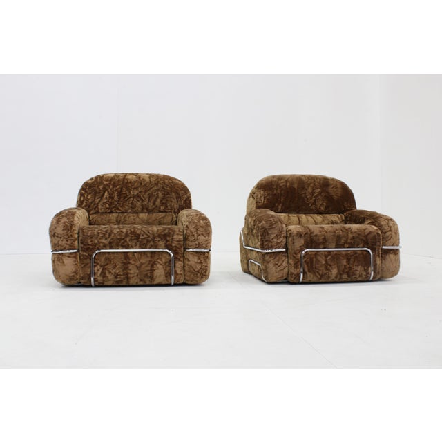 Vintage Italian Armchairs in Chrome and Velvet, 1970s, Set of 2 For Sale - Image 3 of 9