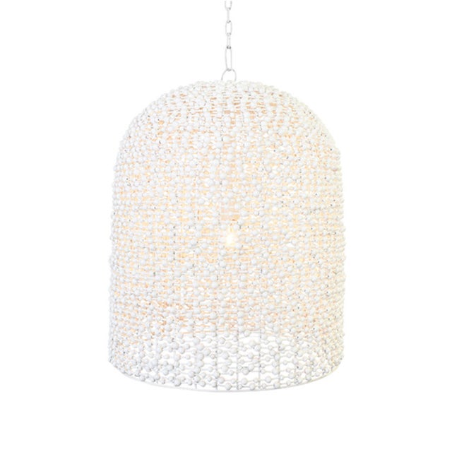 Boho Chic Matthew Izzo Home Arleigh Elongated Dome, Bell Shaped White Wash Wood Bead Pendant Light For Sale - Image 3 of 5