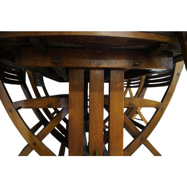 French Country Les Jardins Teak Wood Patio Table and Eight Chairs Set Signed Outdoor Dining For Sale - Image 3 of 15