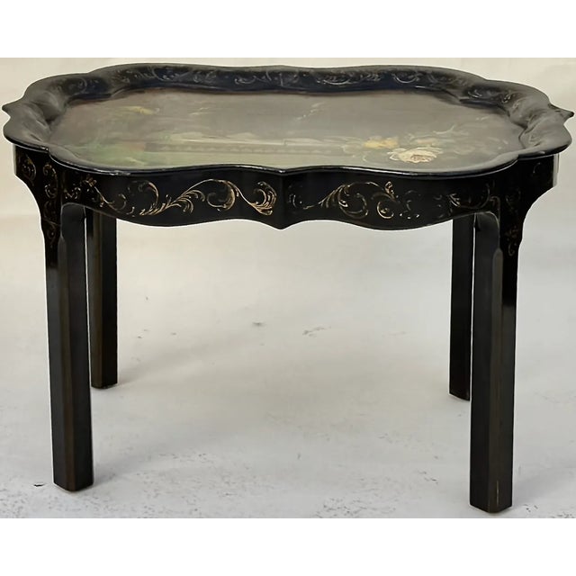Chinoiserie Hand-Painted Tray Table With Peacock & Garden Scene For Sale - Image 3 of 13