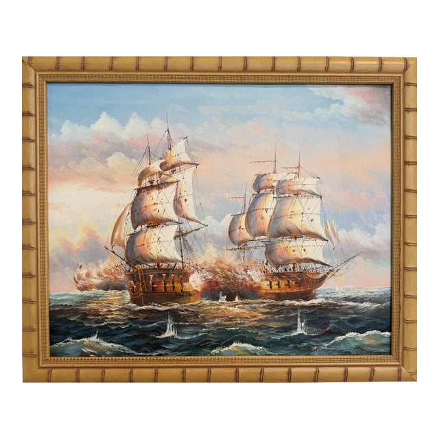 Original Marine Naval Battle Oil Painting Sailing Ships Seascape Framed, Signed For Sale
