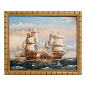 Original Marine Naval Battle Oil Painting Sailing Ships Seascape Framed, Signed