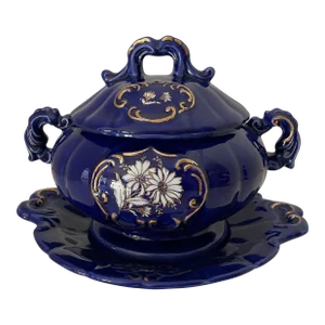 1940s Vintage Hand-Painted Porcelain Soup/Sauce Tureen with Underplate - 2 Pieces