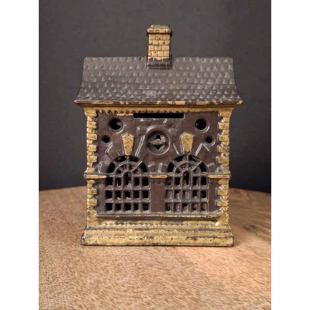 Gothic Antique Cast Iron Roof Bank J&e Stevens Architectural Building Still Coin Savings Bank Gold Paint C. 1890 For Sale - Image 3 of 18