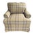Pair of classic upholstered club chairs featuring a warm beige plaid fabric with brown, cream, and subtle red striping....