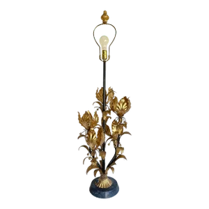 Vintage Italian Regency Gilt Gold Tole Lotus Flower Tall Lamp