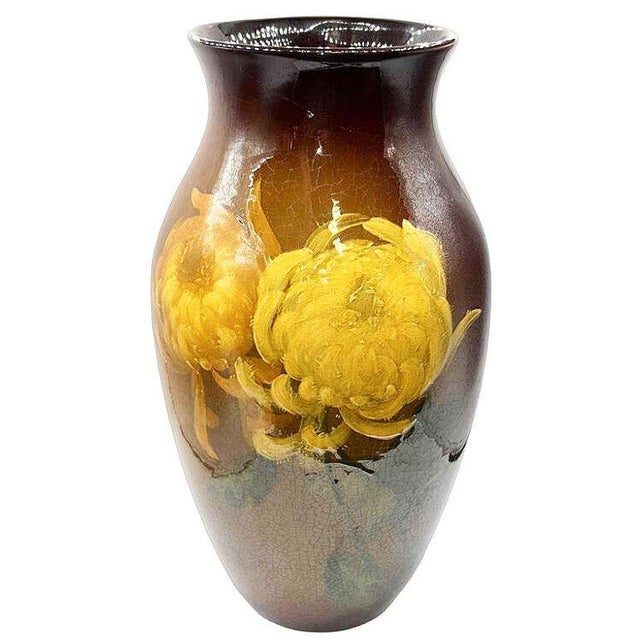 Rockwood Style Earthernware Hand Painted Pottery Vase W/ Chrysanthemums, C 1900 For Sale - Image 4 of 10