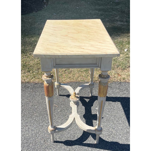 Antique Gustavian Swedish French Neoclassical Painted Wood Gilt Console Table W/ Faux Marble Top For Sale In Boston - Image 6 of 9