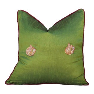 Green Peacock Sage Silk Blend Pillow Cover For Sale