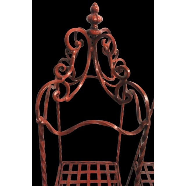 Hollywood Regency Vintage Tall Red Decorative Iron Pagoda Shaped 2 Shelf Room Decor Small Etagere's- A Pair For Sale - Image 3 of 8