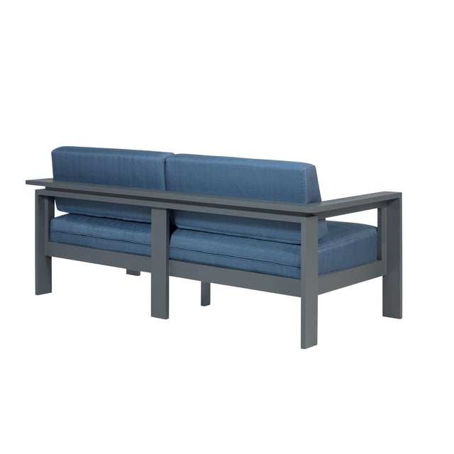 Sardinia Aluminum Frame Outdoor 74" Love Seat / Sofa - Blue Cushions For Sale - Image 14 of 14