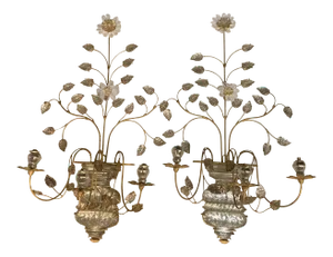 1930’s French Glass Leaves and Urn Sconces With 3 Lights - Pair