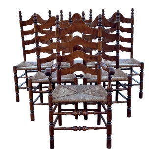 Vintage Farmhouse Rustic Ladderback Rush Seat Dining Chairs - Set of 6 For Sale