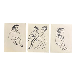 1970’s 3 Original Naive Folk Art Abstract Figure Marker Drawings -Set of 3 For Sale