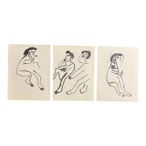 1970’s 3 Original Naive Folk Art Abstract Figure Marker Drawings -Set of 3