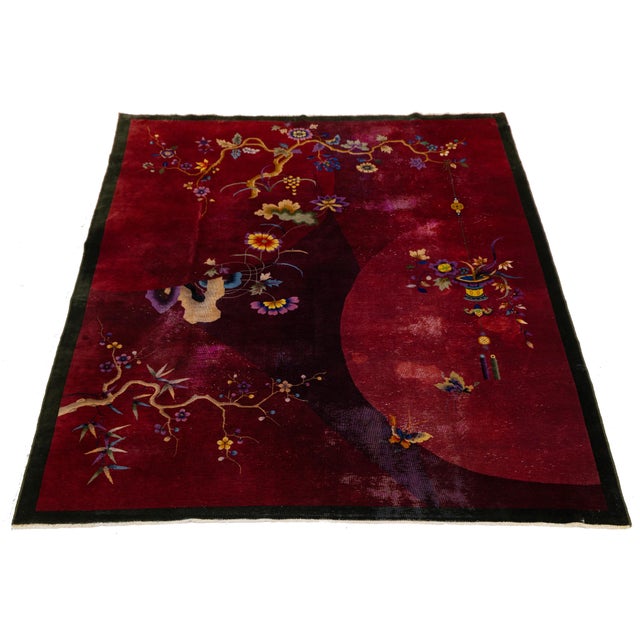 Antique 1920s Chinese Art Deco Wool Rug in Rich Ruby, Plum & Magenta 9x11 For Sale In New York - Image 6 of 13