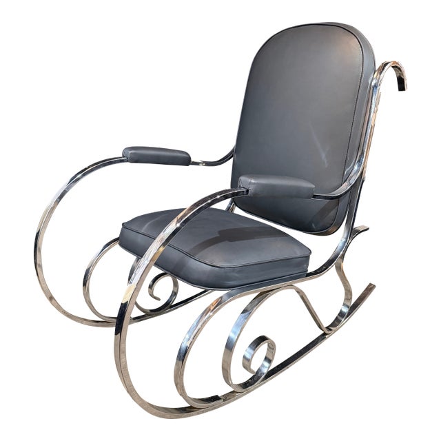 1970s Chrome and Black Leather Scrolled Arm Rocker For Sale