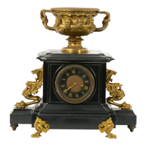 19th Century French Bronze & Black Marble Figural Mantel Clock