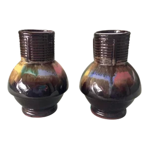 Mid 20th Century Slip Glaze Brown Pastel Rainbow Vases- a Pair