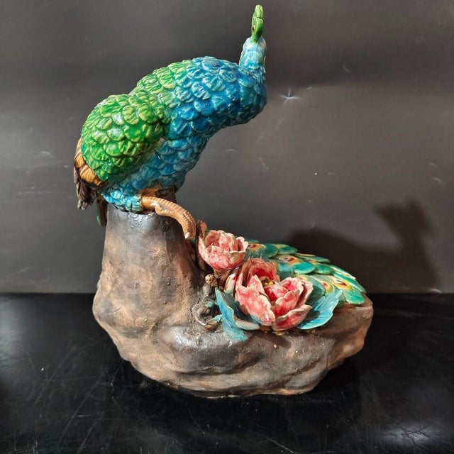 Ceramic 1. **Hand-Painted Ceramic Peacock Statue, Blue-Green-Yellow-Red Plumage, Floral Base** For Sale - Image 7 of 7