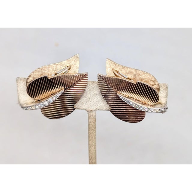 Vintage Signed Boucher Goldtone Leaves With Clear Rhinestones Clip Earrings-2 Pieces For Sale - Image 10 of 12