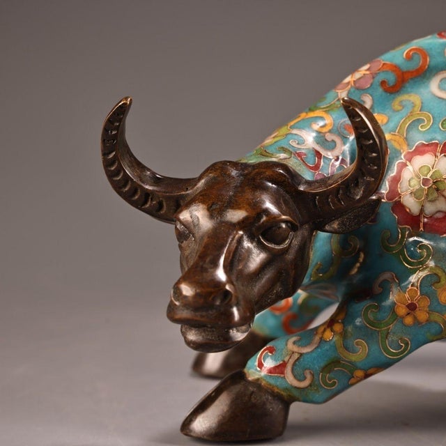 Metal Vintage Cloisonné Enamel Ox Statue With Floral Motif For Sale - Image 7 of 9