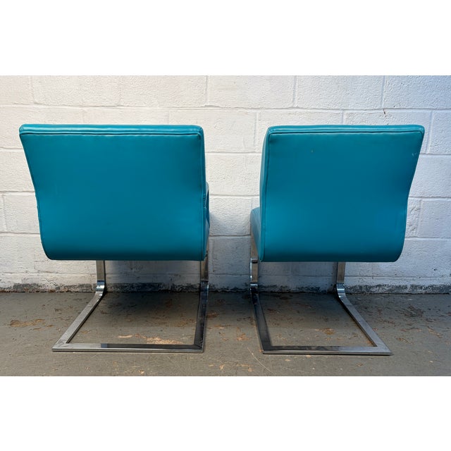 Vintage Blue Vinyl Flat Bar Chrome Dining Chairs - Set of 6 For Sale - Image 13 of 17