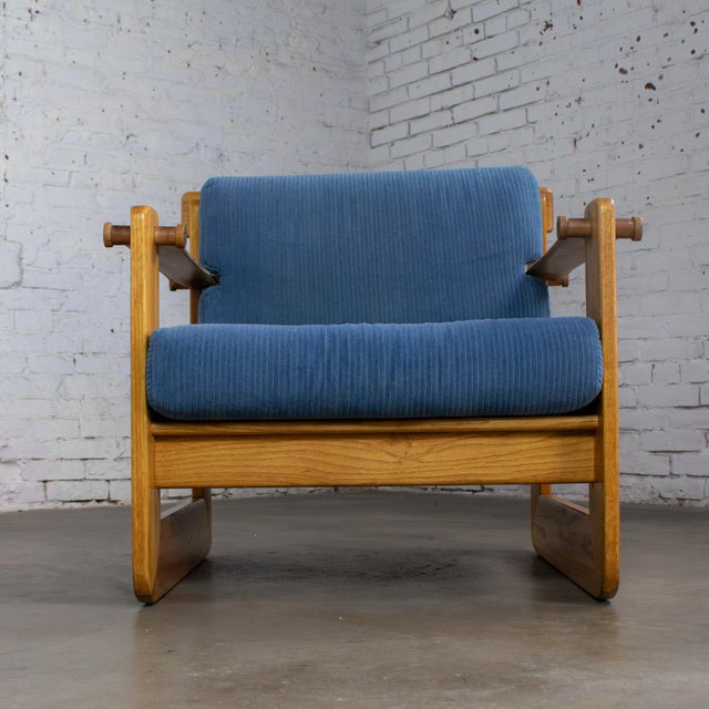 Swedese Mobler Mid to Late 20th Century Scandinavian Modern Oak Safari Sling Club Armchair Tan Leather Arms & Blue Corduroy For Sale - Image 4 of 18