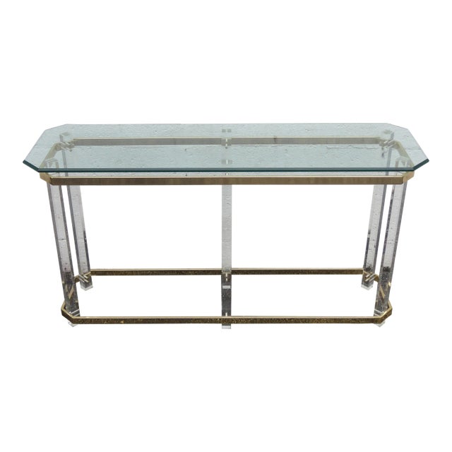 Hollywood Regency Lucite and Brass Finish Glass Top Console Table For Sale