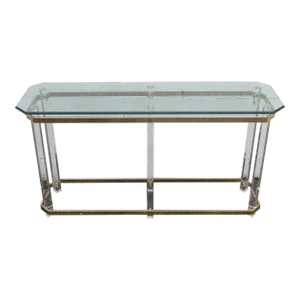 Hollywood Regency Lucite and Brass Finish Glass Top Console Table