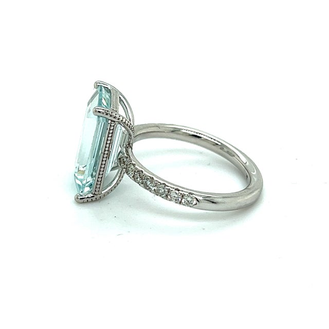 Traditional Natural Aquamarine Diamond Ring 14k W Gold 5.78 TCW Certified For Sale - Image 3 of 8