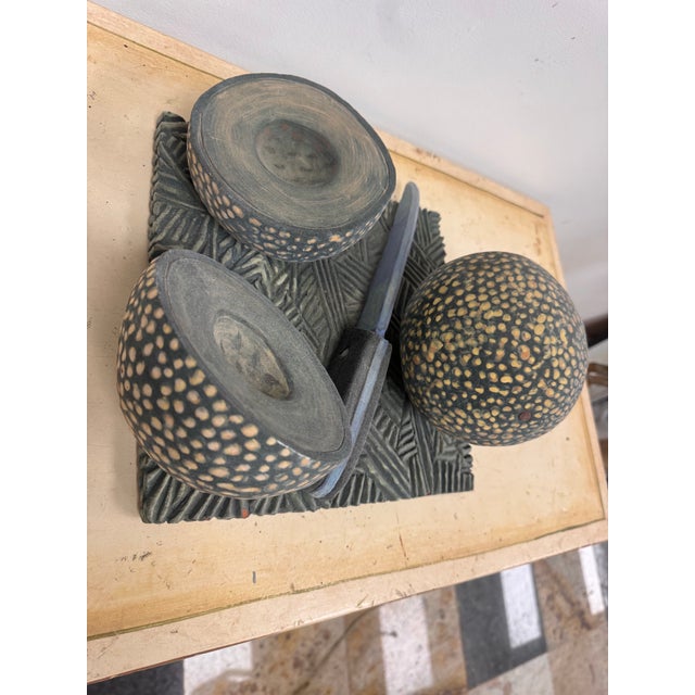 Vintage Hand Painted Terracotta Studio Sculpture of Melons & Cutting Knife on Board, Signed Gayle Fitchinger For Sale - Image 4 of 10