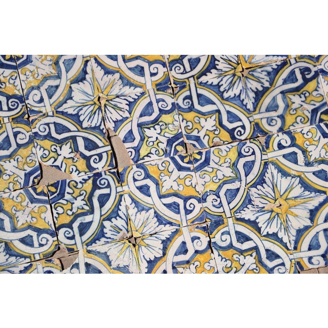 17th Century Portuguese Antique Tiles Set of 40 Blue, Yellow & White Geometric Floral For Sale - Image 13 of 18