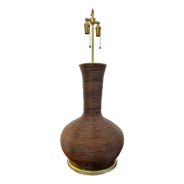 Vintage Oversized Pencil Reed Bamboo Table Lamp For Sale