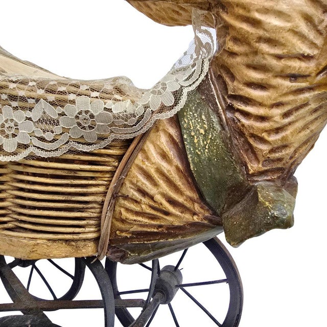Late 19th Century Antique American Wicker & Composition Rabbit-Form Figural Doll Carriage With Original Lining For Sale - Image 5 of 13