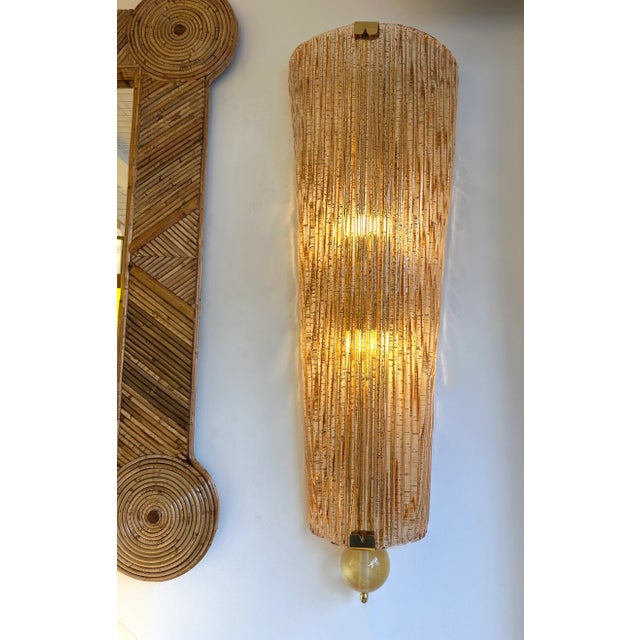 Mid-Century Modern Large Contemporary Pair of Brass Salmon Gold Leaf Murano Glass Sconces, Italy For Sale - Image 3 of 11