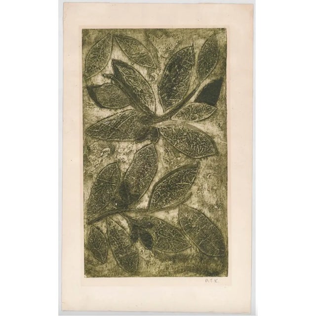 1960s collagraph in greenish yellow of tree branches. Signed "M.T.K."