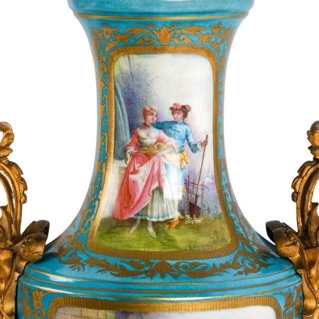 Metal Monumental French Sèvres Style Turquoise Porcelain Urn With Ormolu Mounts For Sale - Image 7 of 12