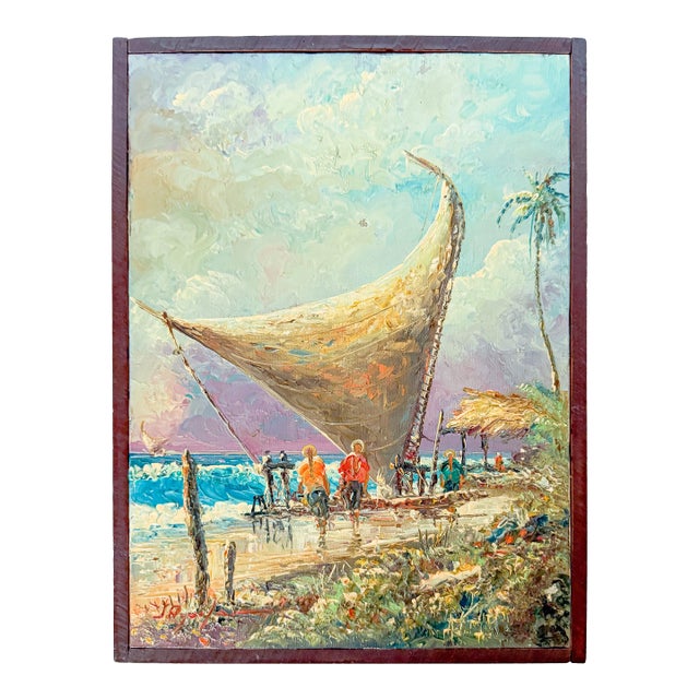 "Jangadas" Mid Century Modern Framed Acrylic Painting on Canvas, by S. Aguilar Navarro For Sale