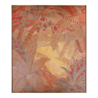 Art Deco Signed Gaston Andre Oil on Canvas Tropical Landscape of Palms For Sale