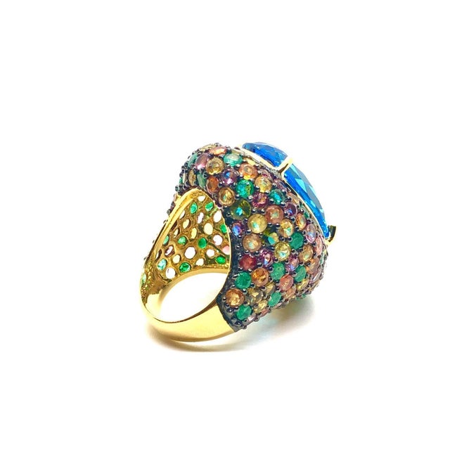 Late 20th Century Bochic “Orient” Vintage Tourmaline & Blue Topaz Ring Set 18 K Gold & Silver For Sale - Image 5 of 8